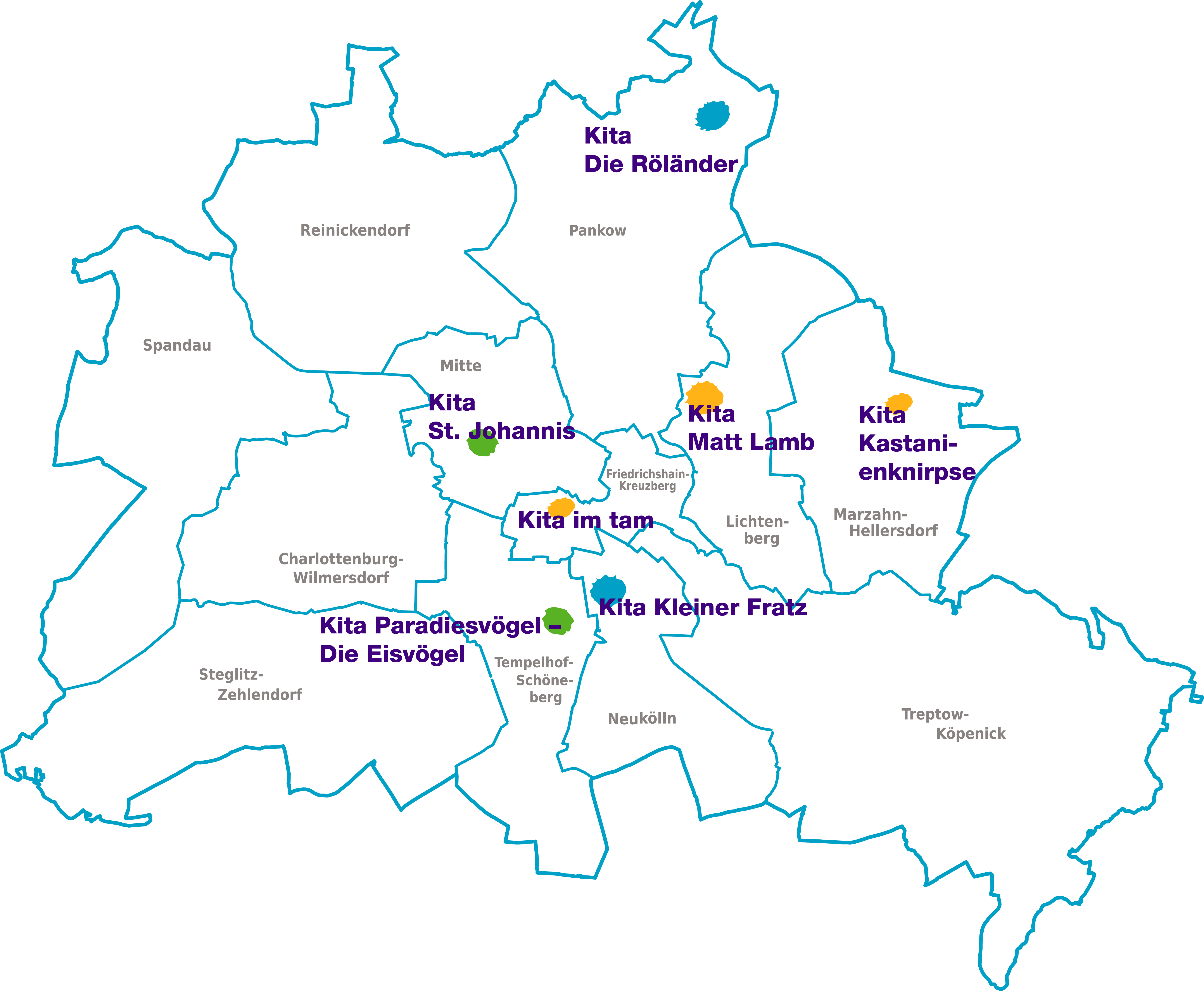 Berlin Bezirke Umriss mit Kitas Februar 2025